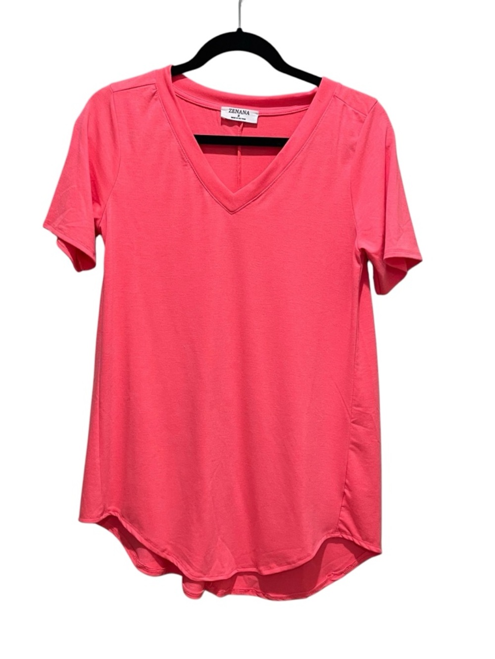 Zenana V Neck High Low Hem Stretch Tunic Top Neon Pink Women Size Small